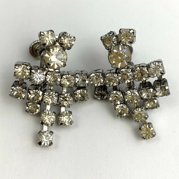 Clear Rhinestone Dangle Screw Back Earrings Vintage - Picture 1 of 4
